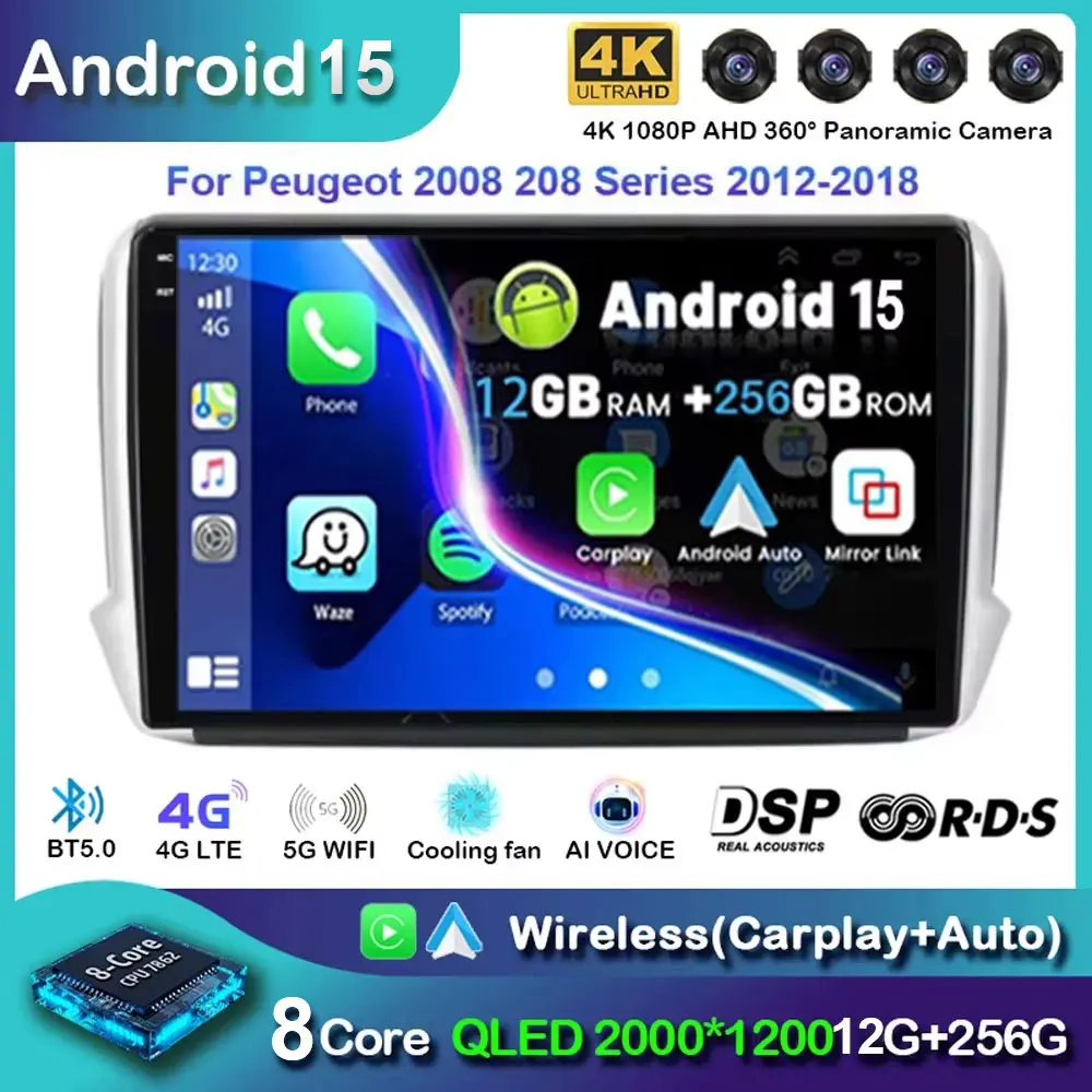 Autoradio Android 10,1" Per Peugeot 2008/208 2012-2018 – 8 Core 4G+64G, Wireless Carplay, GPS, DSP, Telecamera Posteriore