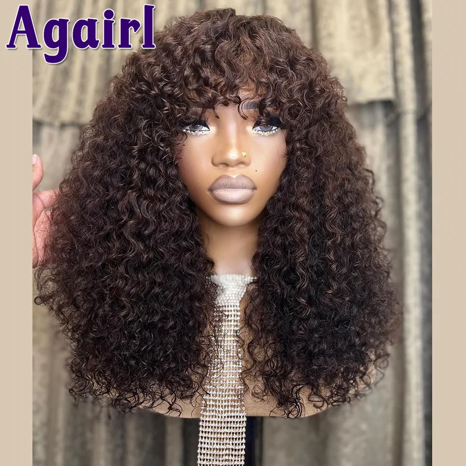 

Chocolate Brown 200% Density Curly Human Hair Wigs With Bangs Top Machine Made Fringe Wig Thick Jerry Curly Wigs For Black Women