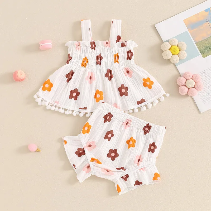 

Baby Girl 2 Piece Summer Set, Sleeveless Shirred Ruffled Floral Tops Frill Trim Shorts Infant Toddler Outfits