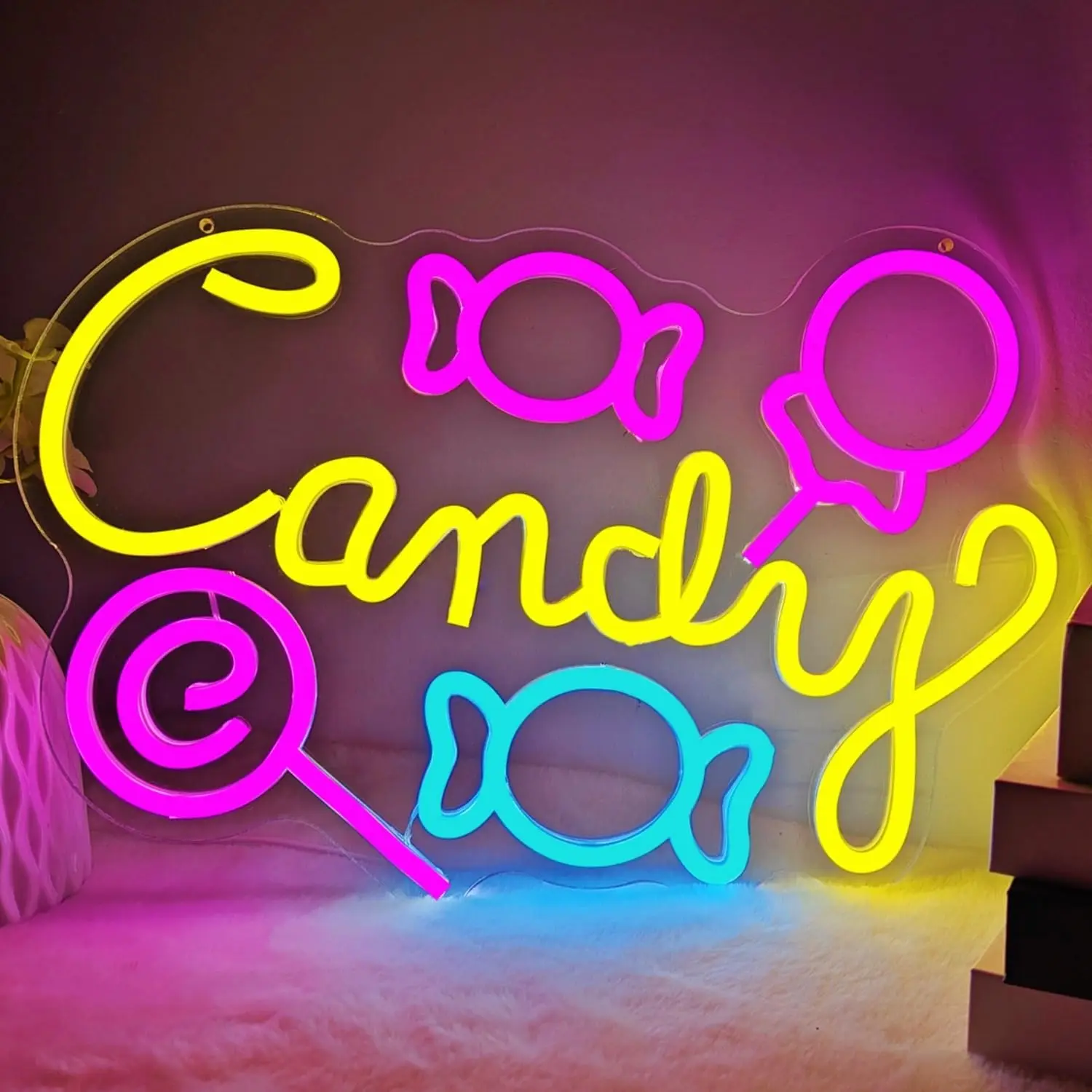

Candy Neon Sign Dimmable Energy-Efficient Night light for Bedroom Hotel Man Cave Beach Decor Wall Draw Teen Birthday Art Gifts