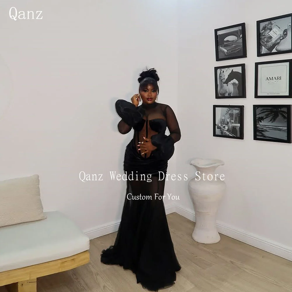 

Qanz африканские женские вечерние платья из тюля с русалкой Robe De Soiree De Mariage, вечерние платья с высоким воротом и длинными рукавами по индивидуальному заказу