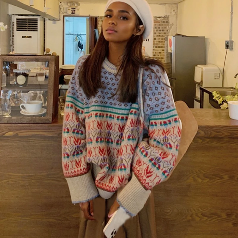 Pull Jacquard tricoté ample à col rond pour femme, coupe rétro, manches longues, décontracté, mode coréenne, Style paresseux, automne/hiver