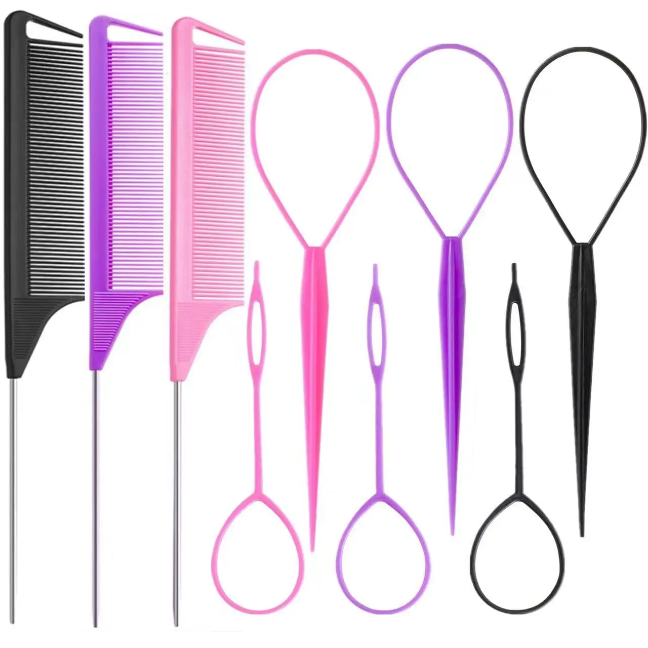 

9-Piece Hair Styling Set with Topsy Tail Tools, French Braid Rings, and Metal Combs in Pink, Purple, Black for Women and Girls