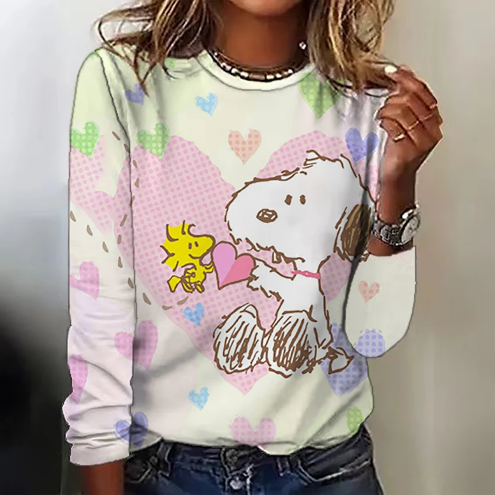 Women\'s Snoopy print long-sleeved tops round neck casual tops 3d printed Cartoon fashion stickers printed women\'s long-sleeved T