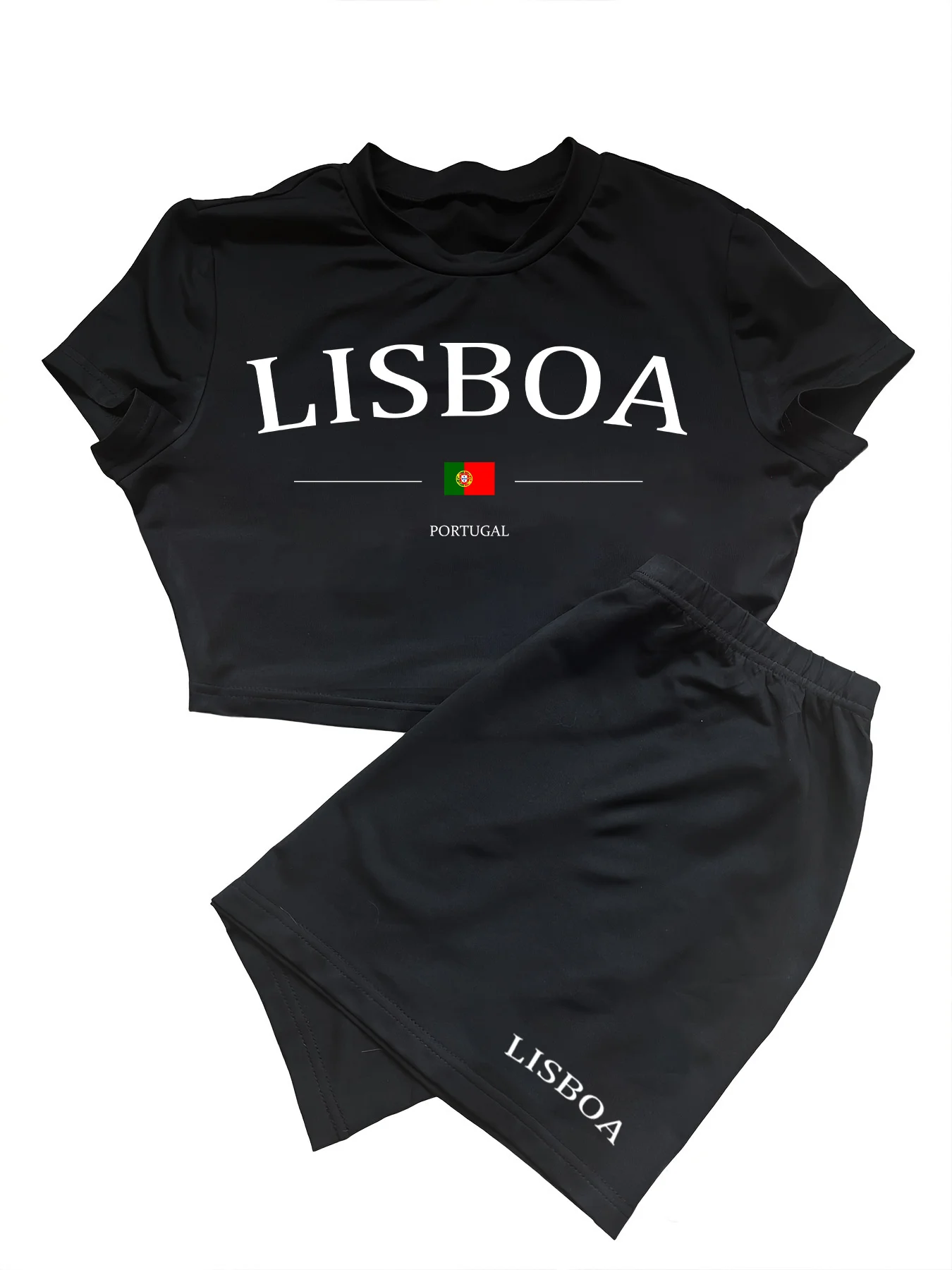 portugal lisboa letter print two piece set, short sleeve round neck t-shirt & skirts, women's clothing