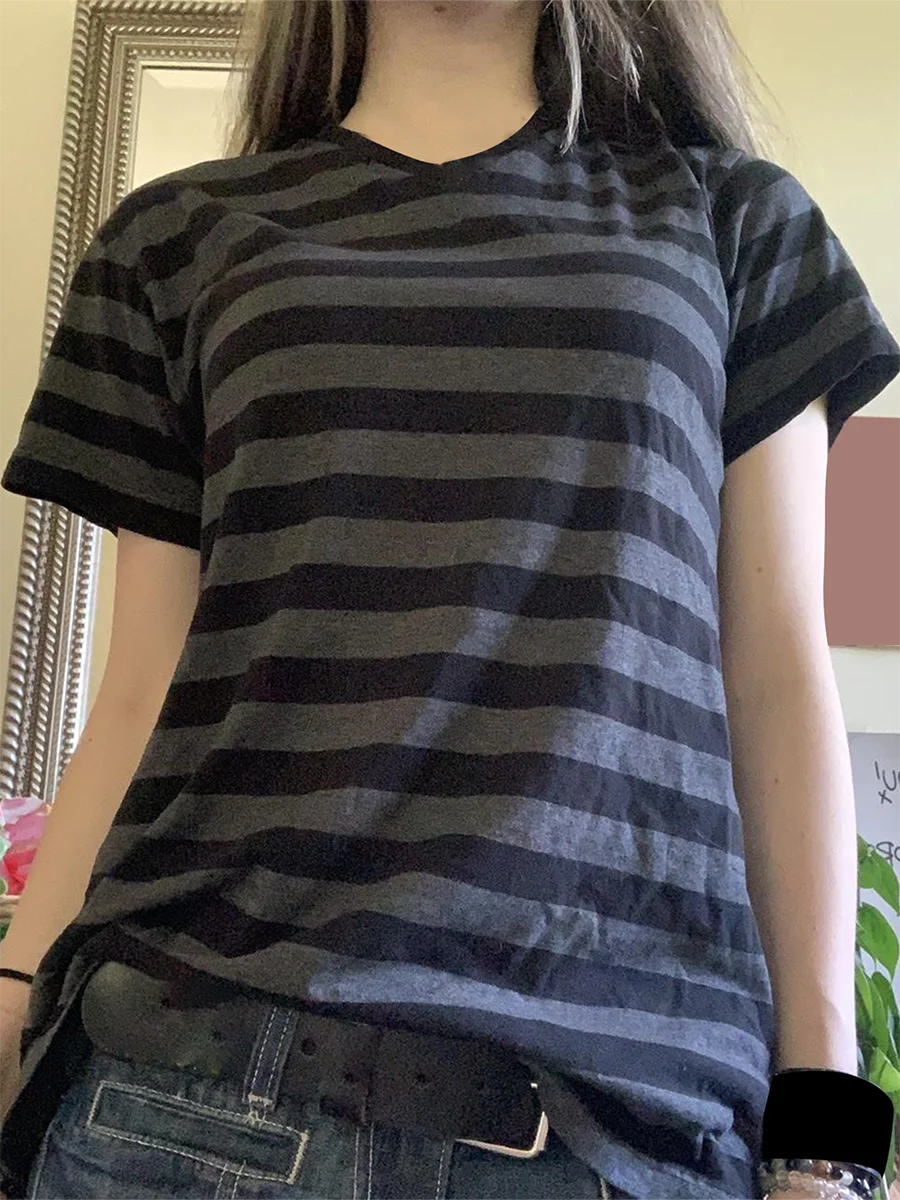 Y2K الجمالية الجنية الجرونج تي شيرت 90s مخطط كم قصير البلوز تيز الجمالية الجرونج القوطية الملابس الشارع الشهير #1