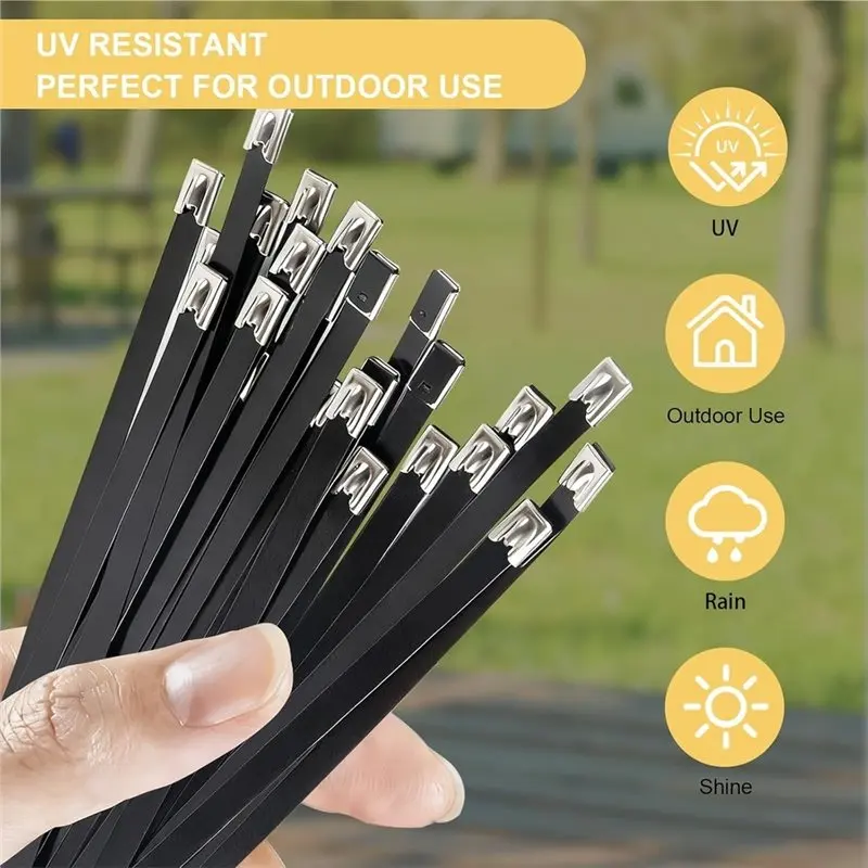 T21C Flexible Wire Zip Ties 100Pc Metal 11.8In Stainless Steel Heavy Duty Exhaust Rope Multifunctional Locking Black Wrap