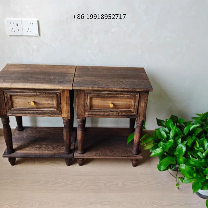 Solid Wood Vintage French-Style Distressed Bedside Cabinet Nightstand with Side Storage Drawer Home Bedroom Furniture JJ175