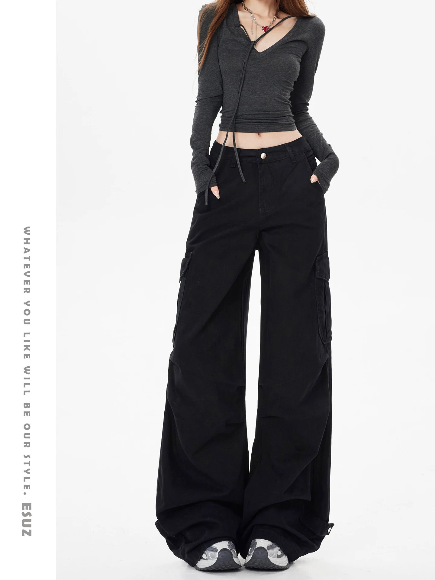

American Style Loose Fit Women's Denim Workwear Pants Multiple Pockets Black Wide Leg High Waist Spring New Arrivals