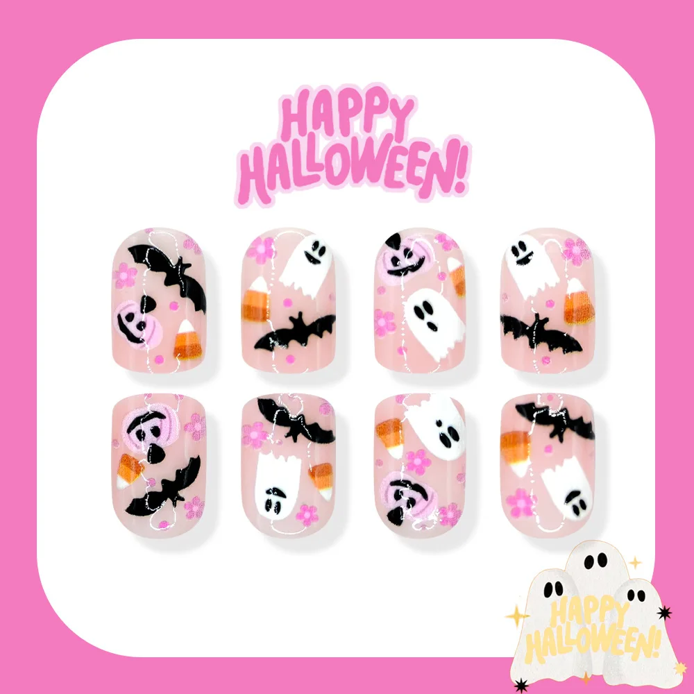 24 Stück Künstliche Nägel mit Halloween-Designs wie Kürbis, Geist und Fledermaus in Niedlichen Rosa-Tönen, Aufklebenägel Perfekt als Geschenke für Mädchen und Freunde – Detail 3