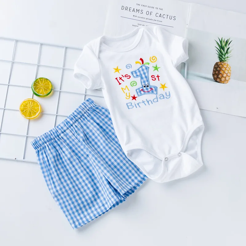 

Summer Children's Set for Boys, First Birthday Outfit, Stylish Cartoon Embroidered Short Sleeve Romper with Plaid Shorts2Set
