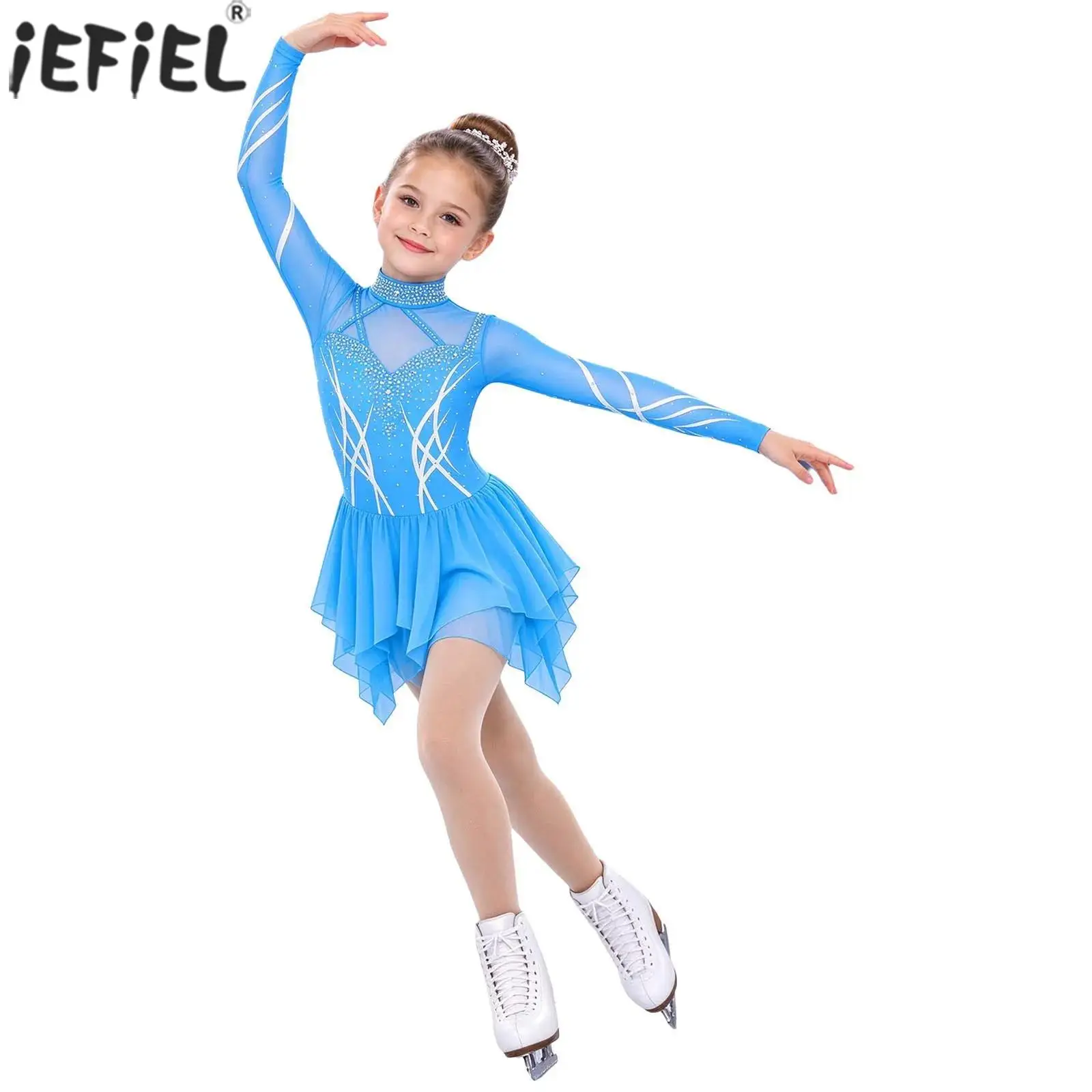 Kids Girls Figure Skating Dance Costume Long Sleeve Cutout Back Mesh Shiny Rhinestones Dress Ballet Rhythmic Gymnastics Leotard
