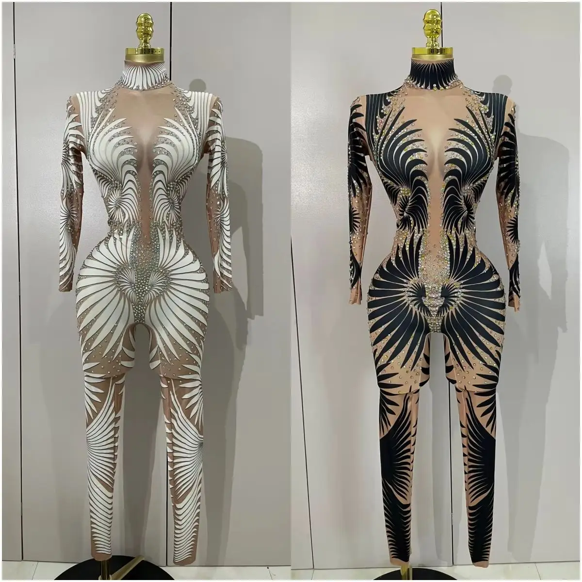 반짝이는 라인스톤 프린트 섹시한 긴 소매 스트레치 점프수트 여성 이브닝 파티 나이트클럽 드래그 퀸 쇼 무대 공연 롬퍼