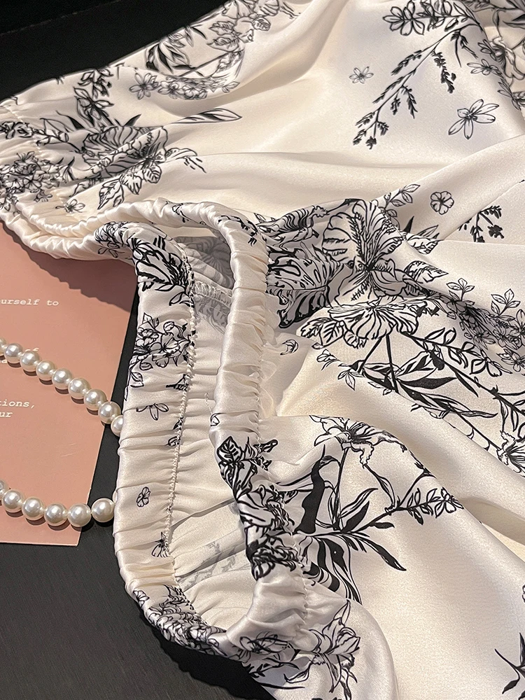 Nouveau Ensemble pyjama femmes peinture à l'encre 100% soie de mûrier luxe à manches longues vêtements de maison