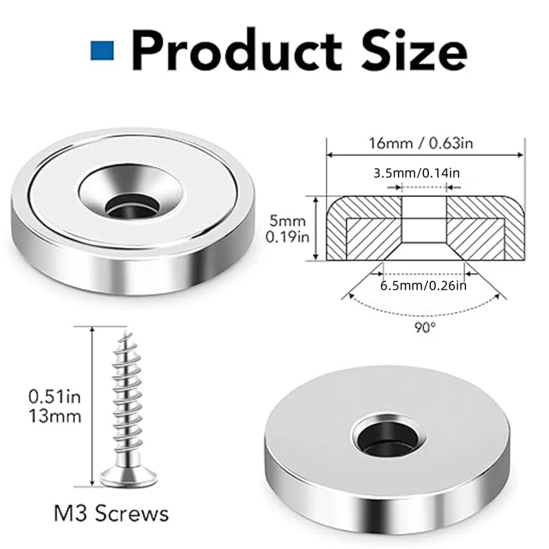 D16/20mm-Silver Round Base Rare Earth Neodymium Pot Magnets, Heavy Duty Magnets with Countersunk Hole,Easily Install for Tool