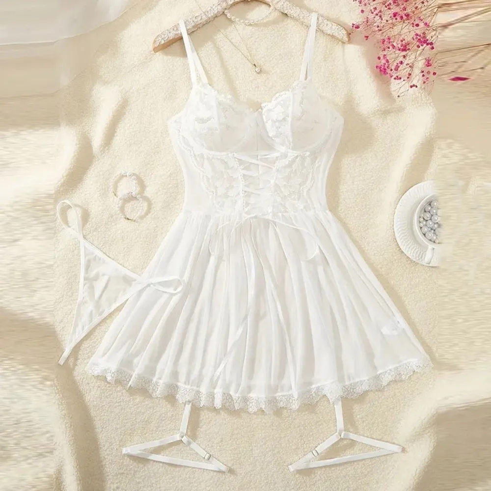 Transparent Lace Lingerie Set Backless Leg Garter Underwear Set Push Up Bra Adjustable Spaghetti Straps Sheer Bra Set For Women