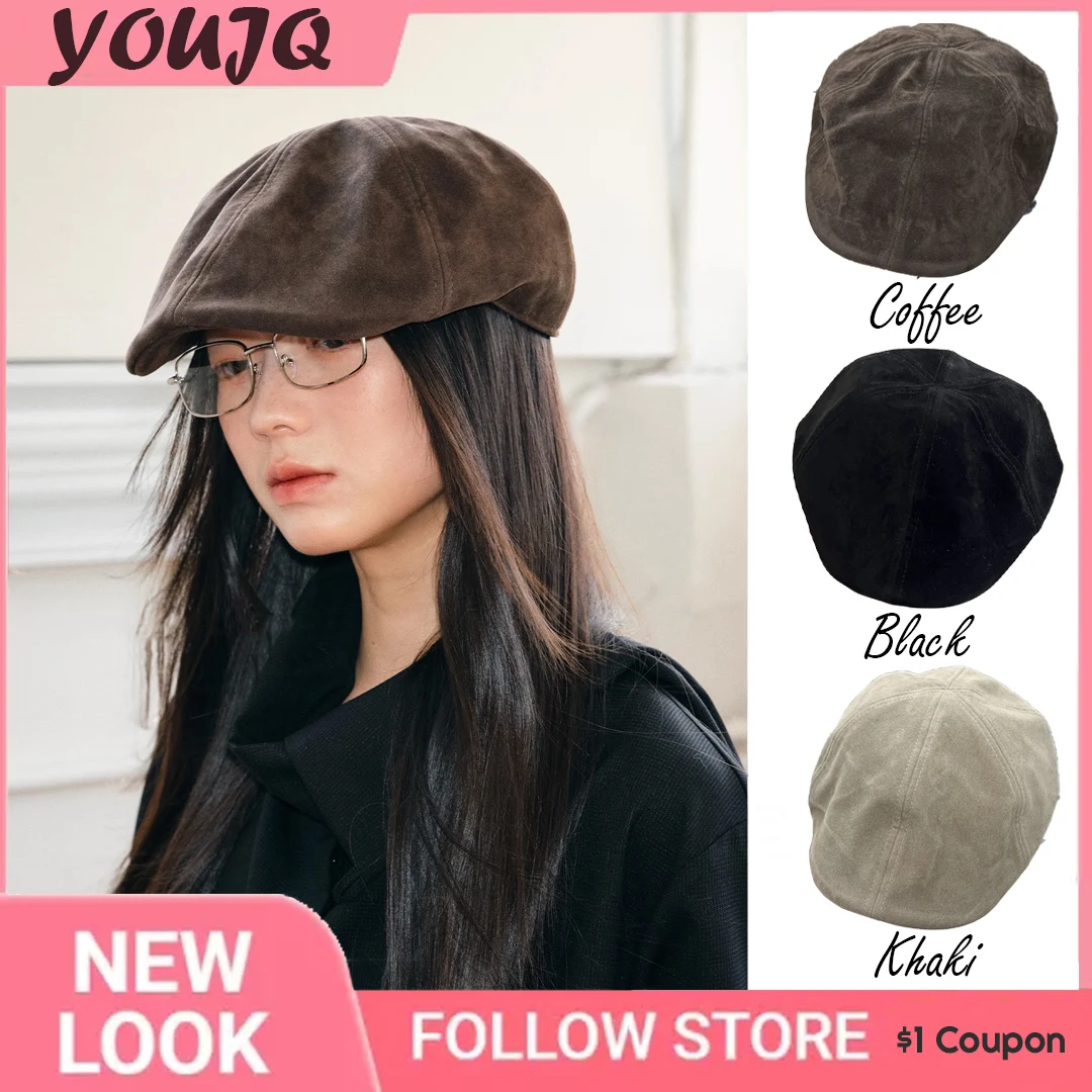 Vintage Forward Cap Women's Large Head Circlet Beret Hat Square Round Face Enhancing Suede Japanese Artistic Reversible Caps