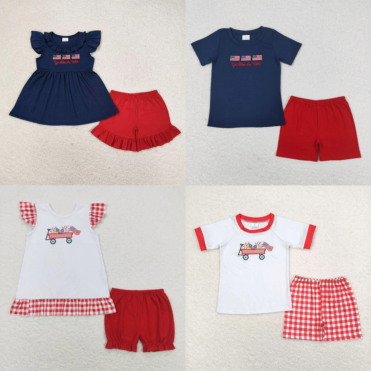 Wholesale Baby Girl Boy July 4th Summer Set Children Toddler Embroidery Flag Short Sleeves Kids Infant Shorts Two Pieces Outfit