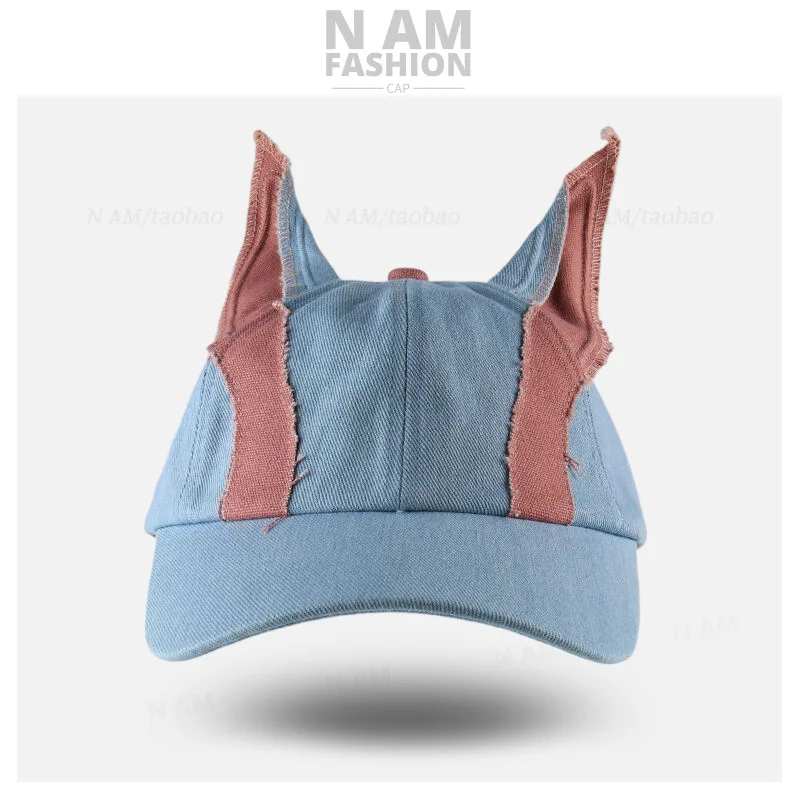 

Washed denim color-blocked Doberman ears baseball cap niche fashion versatile travel photo cool personality cap