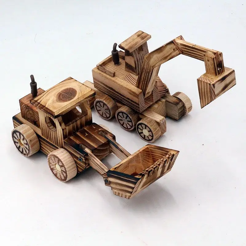 Antique wooden model ornaments children's fire engine toy car excavator bulldozer children's toys nostalgic car models