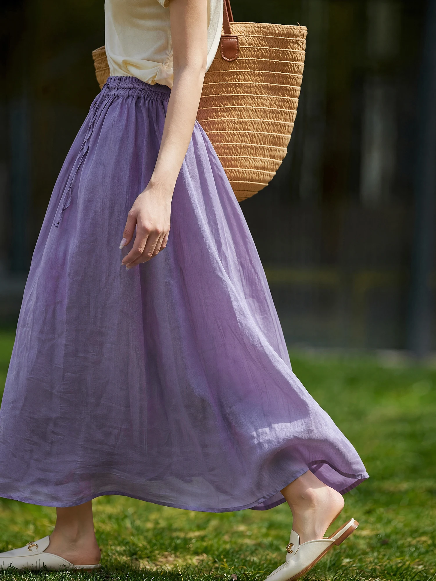 Elegant Draping Fine Branch 100% Flax Belted Loose Drawstring Elastic Waist Half Skirt Women's Inner  Summer Fashion
