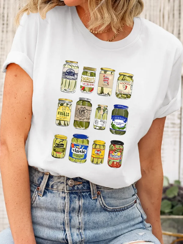 Twelve Different Canned Pickles Print Female T-shirt Pickled Cucumber Lover Casual Women Shirt Farm Fallow Trend Girl Tee