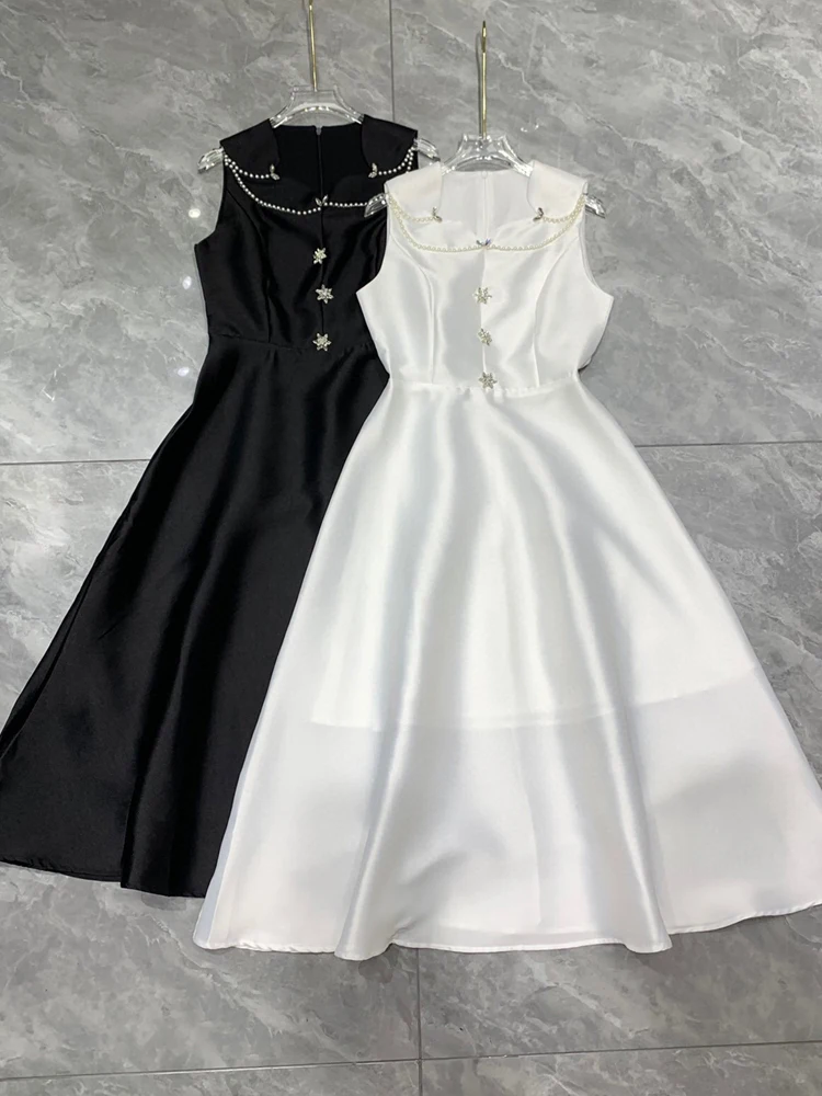 AELESEEN 2024 estate donna senza maniche Designer Fashion Patchwork nero bianco perle di lusso cristallo a vita alta elegante lungo