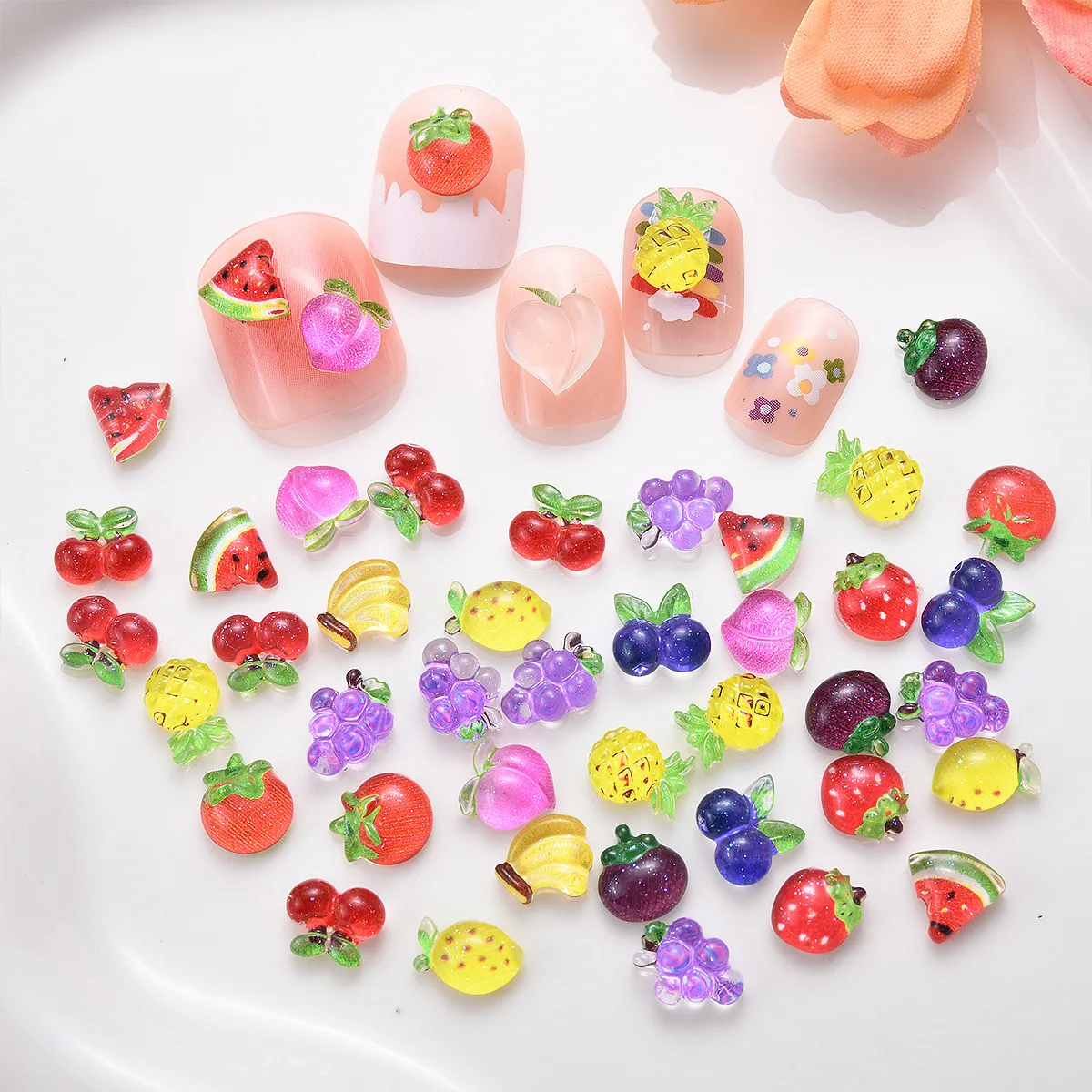 50PCS Decorations Mini Fruit Cherry Apple Watermelon 3D Resin Nail Accessories Cartoon Fruit Mini Nail Art Decorations