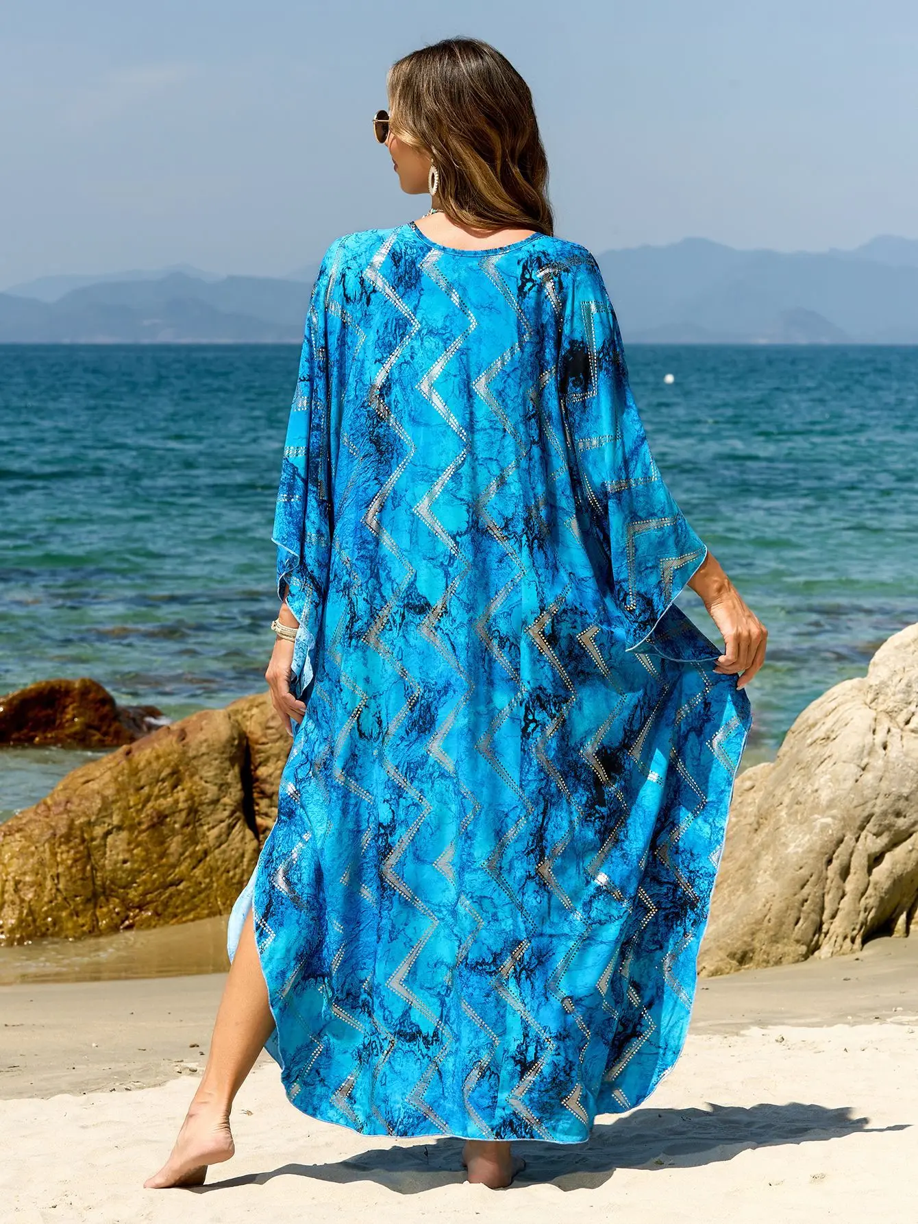 Kaftans for Women Blue Blingbling Beach Dresses Hand Woven V Neck Plus Size Cover Ups for Swimwear Summer Holiday Dropshipping