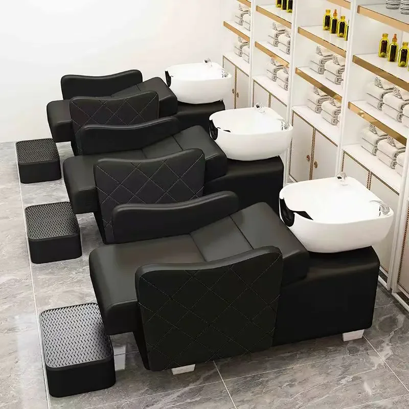 2026 Factory Direct Half Lying Shampoo Bed for Barbershop & Salon New Synthetic Leather with Ceramic Basin for Gym Use