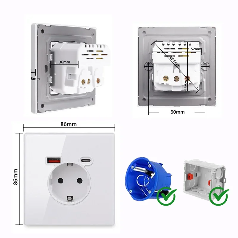 YINKA EU FR Standard USB Wall Outlet Type-C, 20W Fast Charger, Glass Panel, Wall Socket Suitable For Square and Round Box 86Tyoe