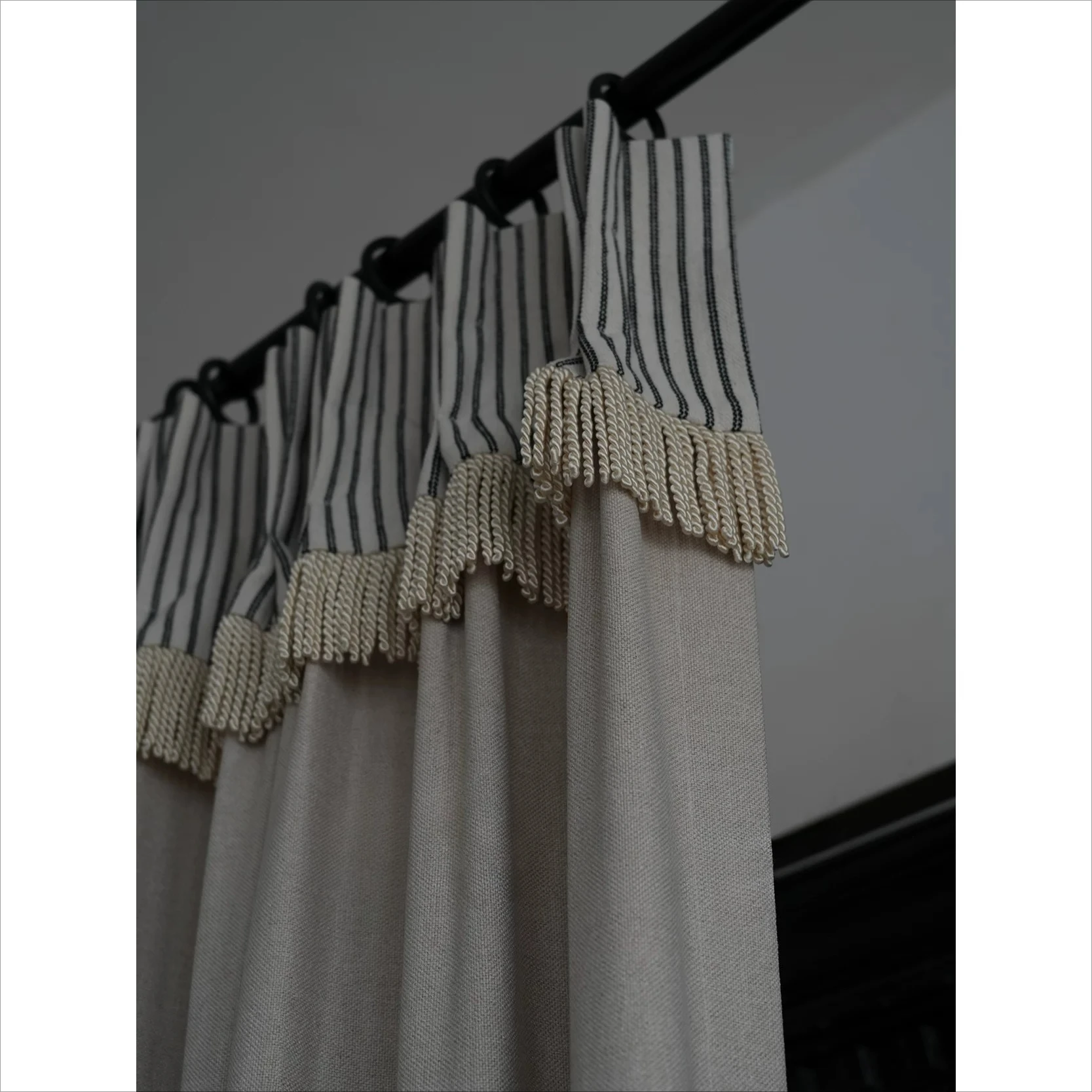 Grey Blue Stripe Jacquard Stitching Thickened Tassel Chenille Curtains for Living Room Bedroom French Window Partition Curtain