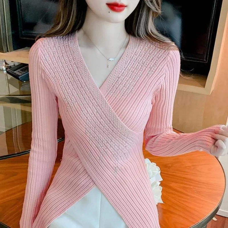 Облегающие женские пуловеры со стразами в стиле Харадзюку, одежда для работы, дешевый топ, оригинальный корейский модный осенний женский вязаный свитер