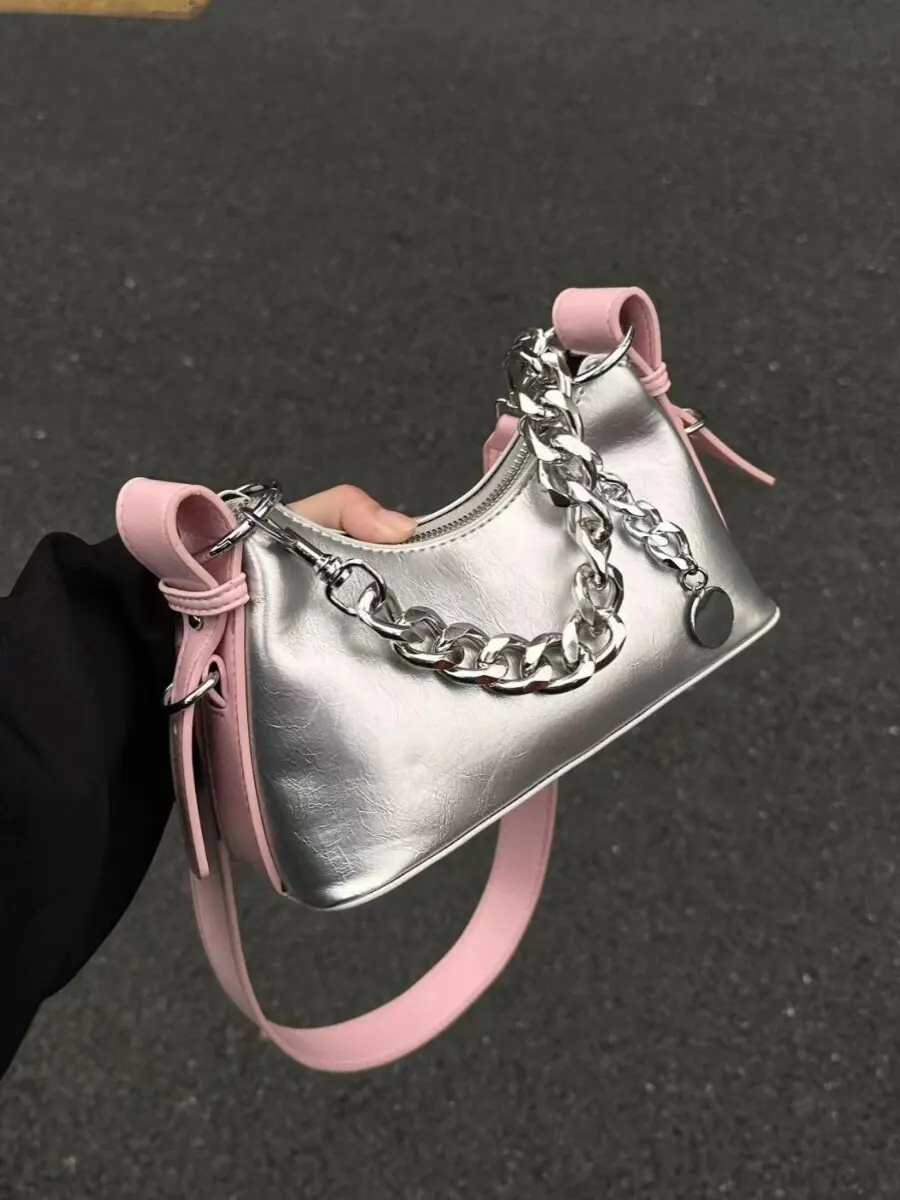 Silver Pink Contrast Women Shoulder Bag, Thick Chain Decor Zipper Crossbody Purse, Y2K Street Style Small Handbag for Daily