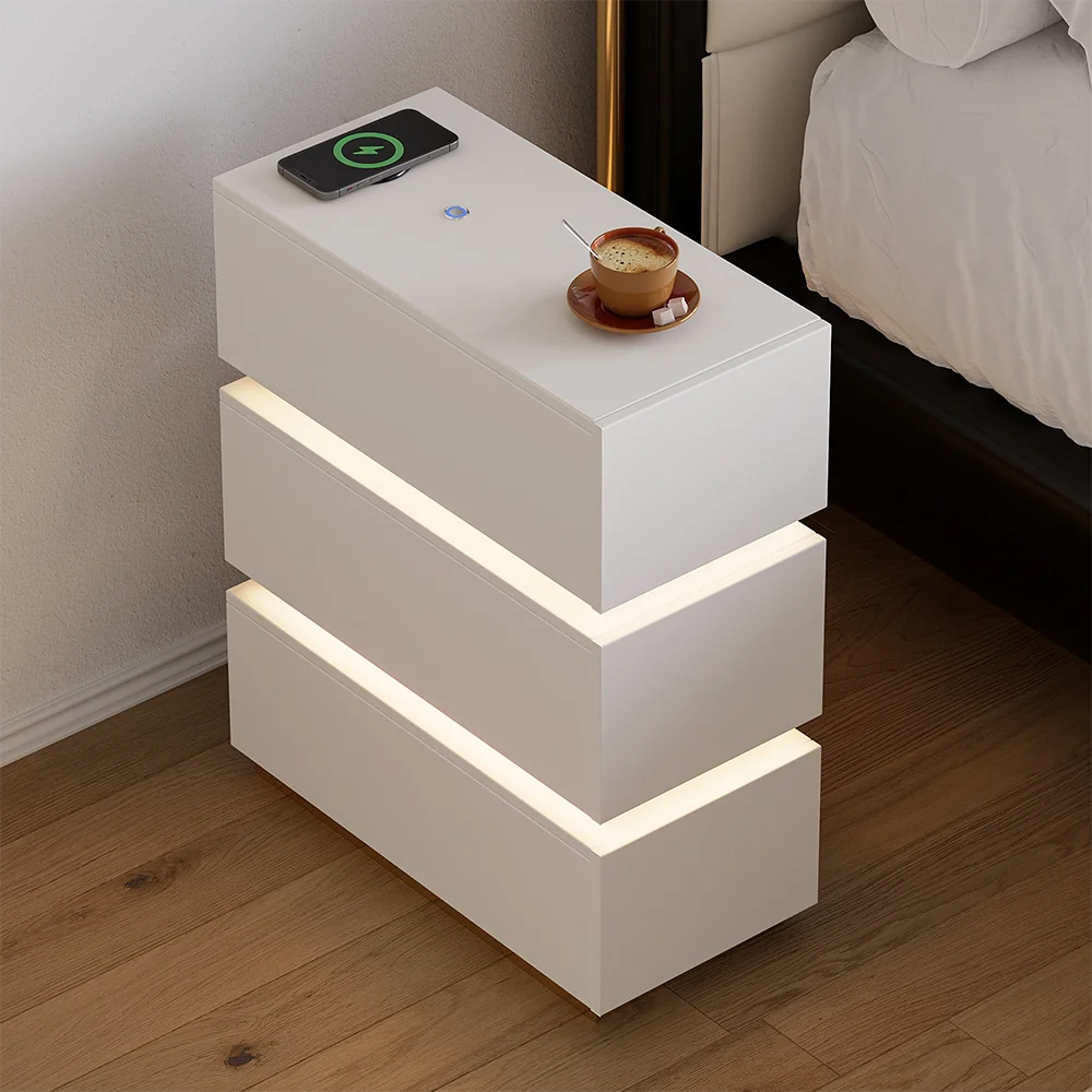 3-Drawer Storage Bedside Table LED Smart Nightstand with Light Drawer Storage Bedside Table