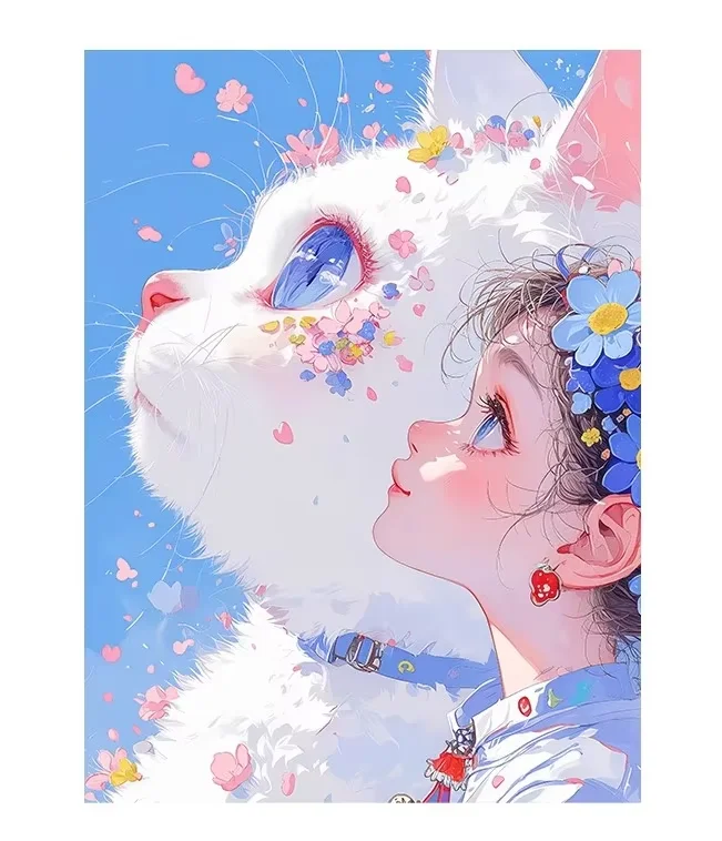 DIY Huge White Cat And Cute Lass Diamond Painting, Blue Sky Colorful Floral Petal Side Profile Anime Portrait Wall Decor Gift