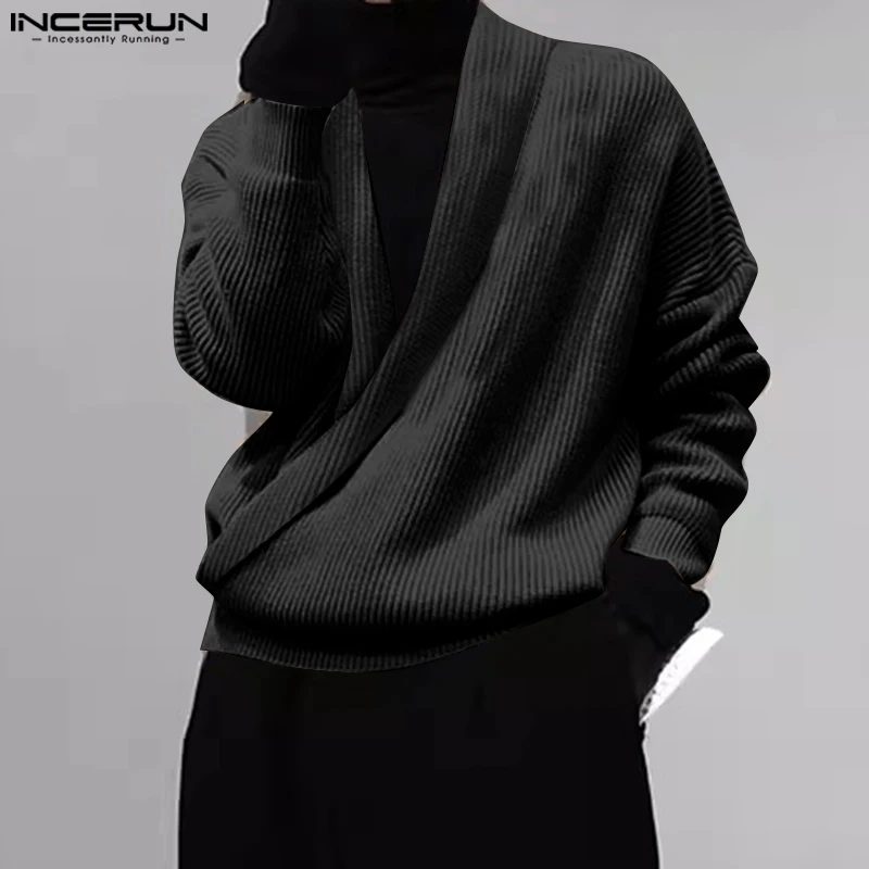 

INCERUN Men Pullovers Solid Knitted Lapel Long Sleeve Autumn 2024 Fashion Male Sweaters Streetwear Fashion Casual Men Clothing