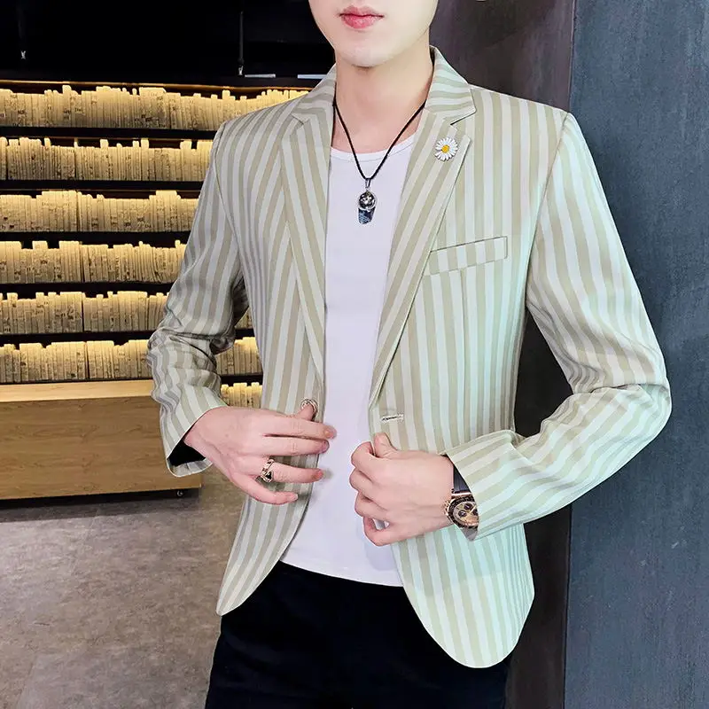 

Boutique Men's Fashion Elegant Gentleman Vertical Striped Youth Business Casual Slim Formal British Style Korean Version Blazer