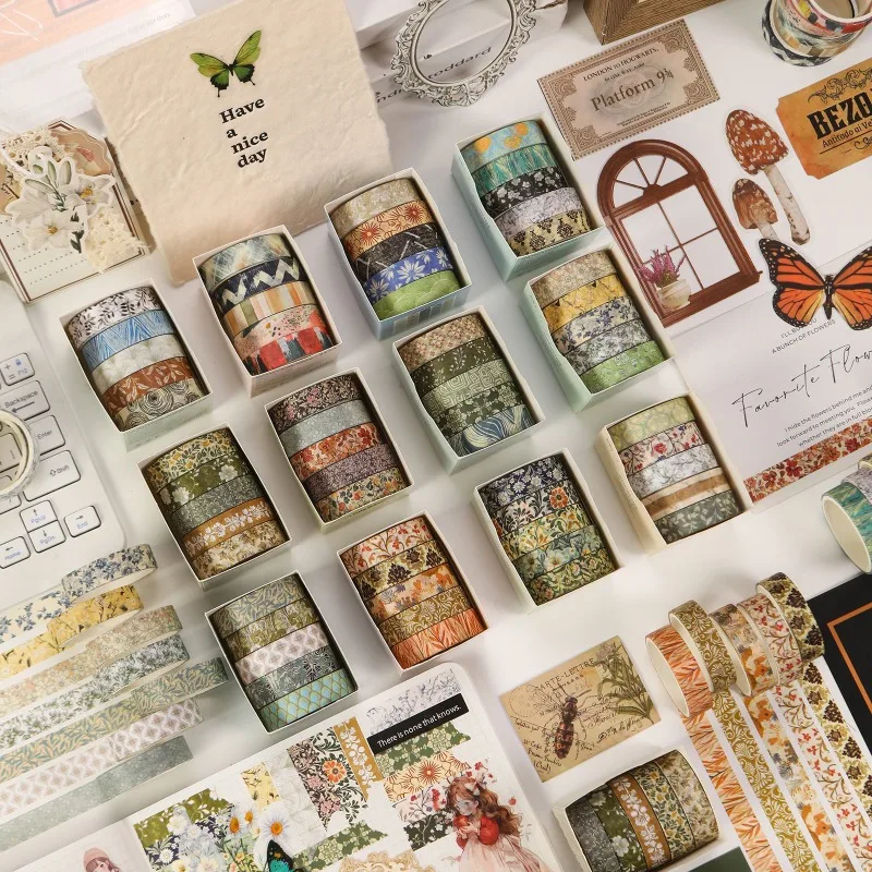 

Набор японских канцелярских лент Васи, 5 рулонов, винтажный цветочный ретро-узор для дневника, скрапбукинга, подарочная упаковка, декор чехла для телефона