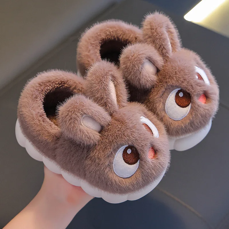 Kinder-Hausschuhe aus Kaninchen-Baumwolle, rutschfest, warm, für drinnen, Zuhause, Eltern und Kinder, Babyschuhe, Winter – Detail 2