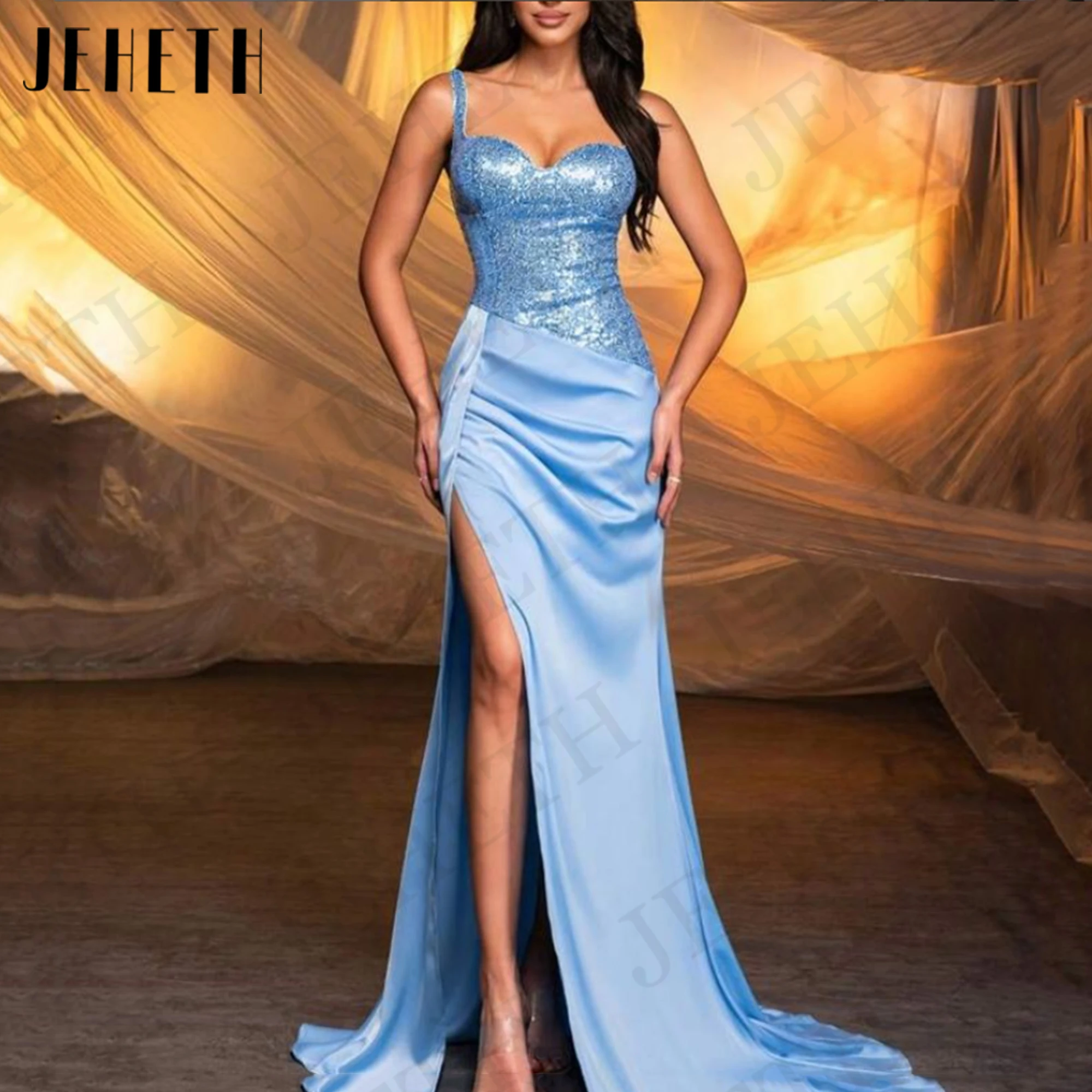 

JEHETH Sexy Satin Blue Evening Dress Mermaid Split Sequined Spaghetti Straps Celebrity Dress Sweetheart Woman vestidos de fiesta