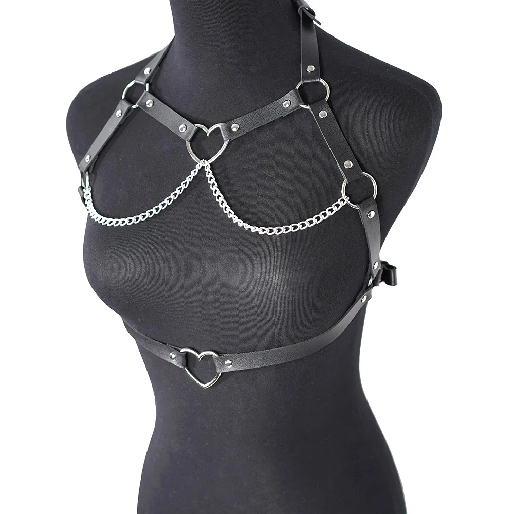 Arnés de cadena de cuero Pu para mujer, arnés de pecho, corsé Bondage, lencería gótica Punk, ropa fetiche