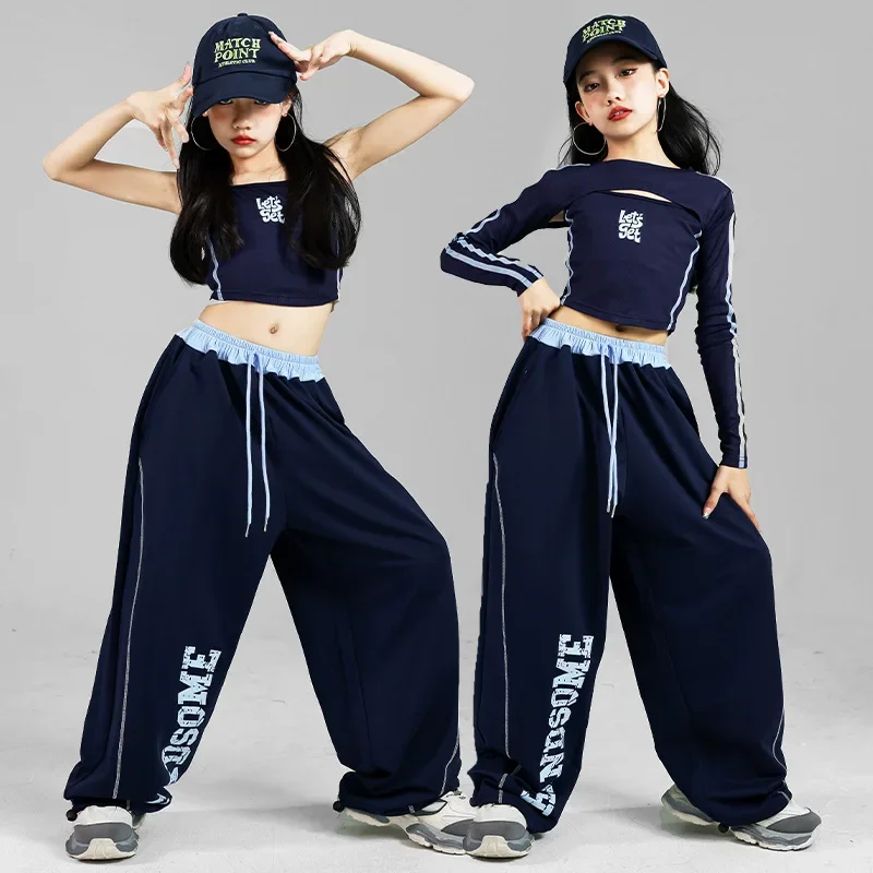 Girls Hip Hop Crop Top Sport Letter Joggers Pants Child K-pop Streetwear Clothes Sets Kids Sportswear Street Dance Jazz Costumes