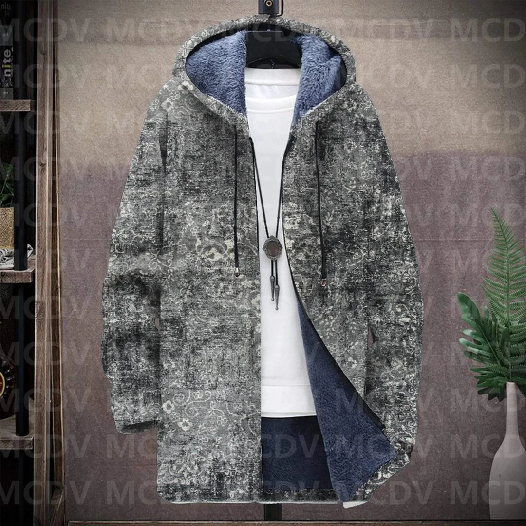 Men's Retro Print Plush Thick Long-Sleeved Coat Fleece Hooded Overcoat Unisex Thick Warm Jacket-1