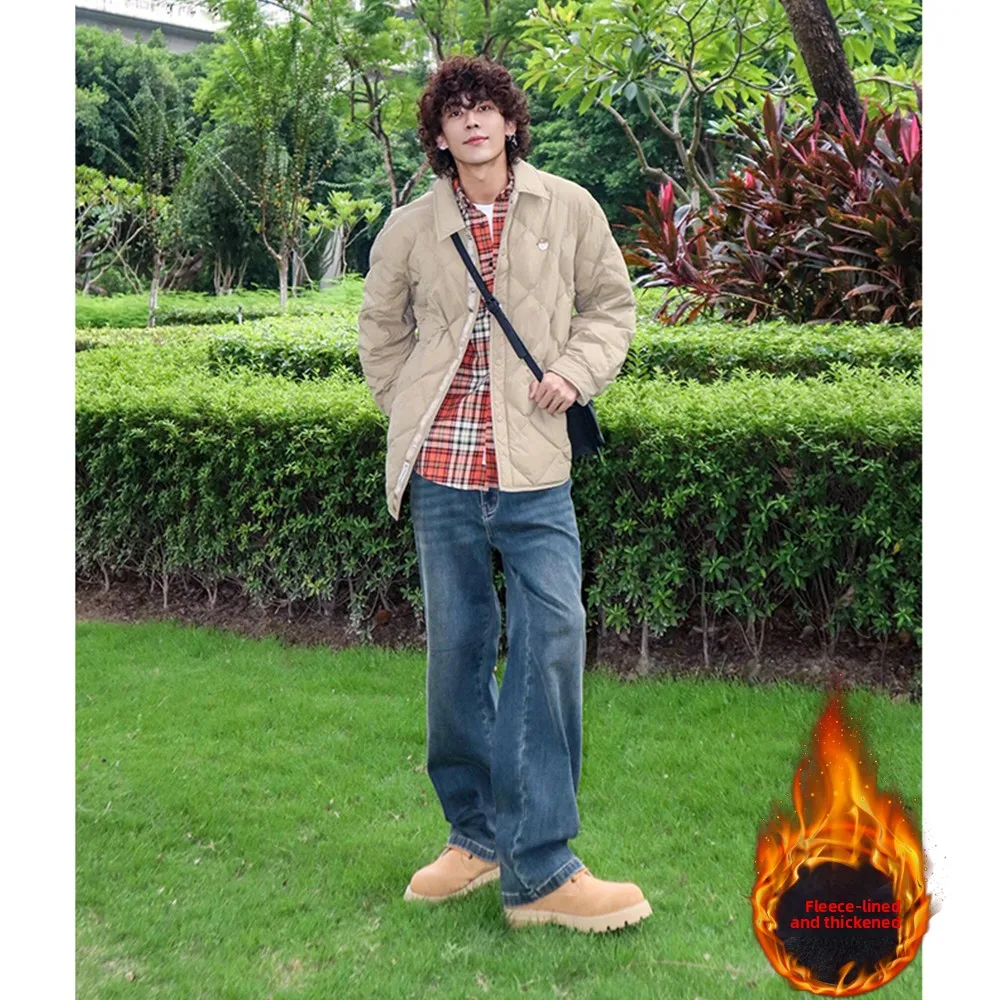 

Deep Blue Fce Lined Men's Jeans Loose Straight Leg Long Pants Trendy Cool Street Sle Autumn Winter Faion High Waist