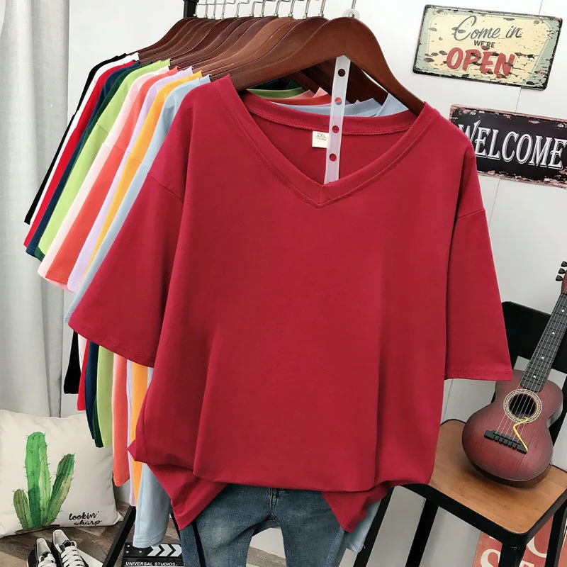 DAYIFUN Cotton V-neck Short Sleeve T-shirts Women Korean Loose Plus Size Solid Tshirts Lady 100KG Half-sleeved Top 5XL Tees 2024