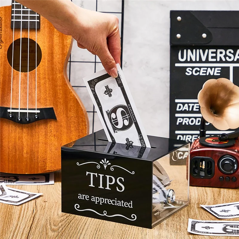 SQPPチップジャーマネー用 6 x 4 x 5インチ チップコレクションボックス ロック付き 捐献提案ボックス チップ収納用 ラッフルボックス