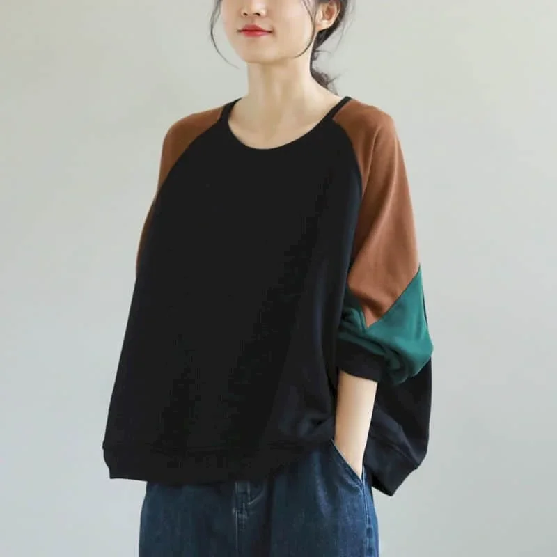 

Pop Pop Pullovers Women Contrast Color Harajuku Retro Oversized T-shirts Casual Korean Style Long Sleeve O-neck Streetwear Women