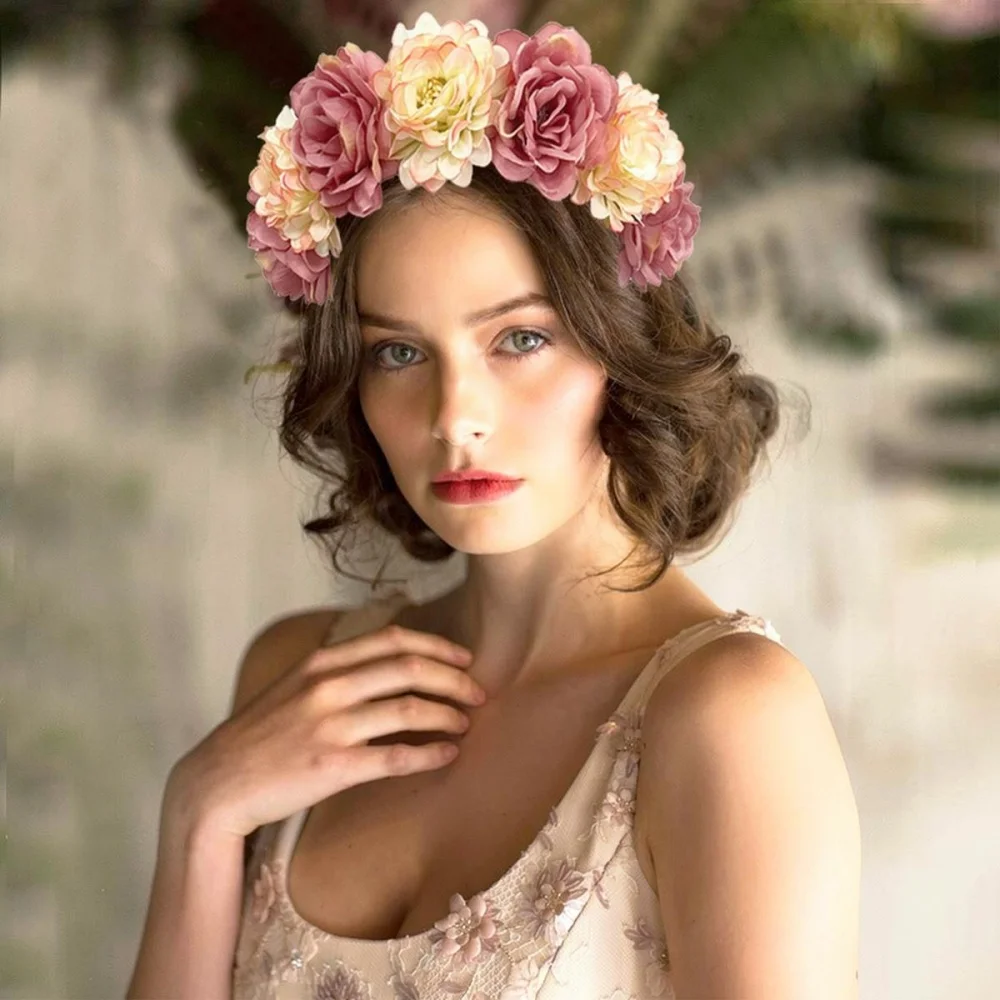 Modisches Rosenblüten-Stirnband für Damen, Braut-Blumenkranz, Bohemian Haaraccessoire, Hochzeits- und Festival-Kopfschmuck, Party-Deko – Detail 4