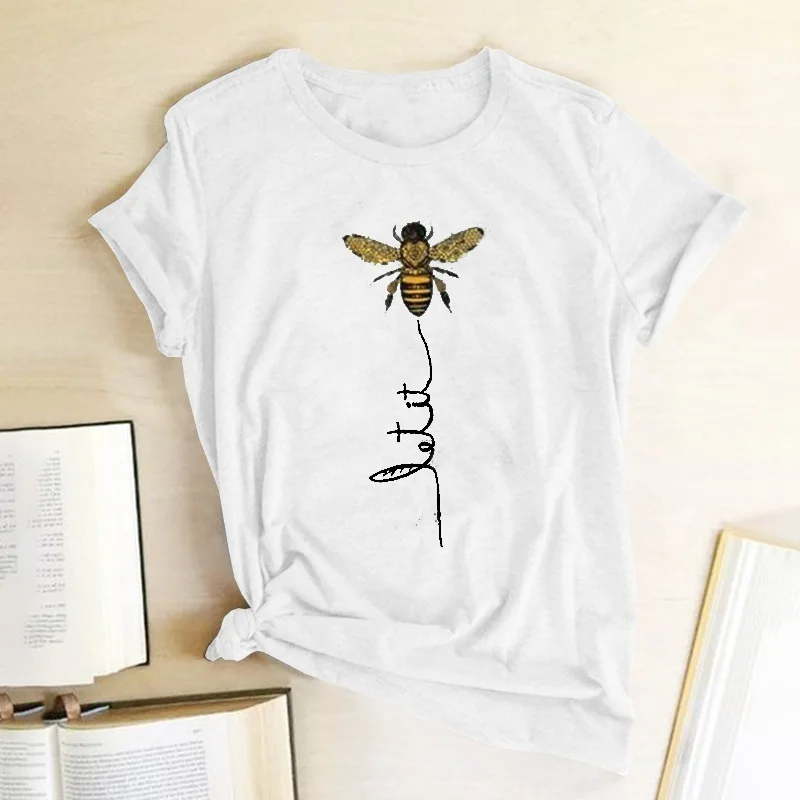 Bee Short Sve Casual Loose Women's T-Shirt Street Style round Neck Print Patchwork Short Sleeve Mid-Length Loose Fit T-Shirt